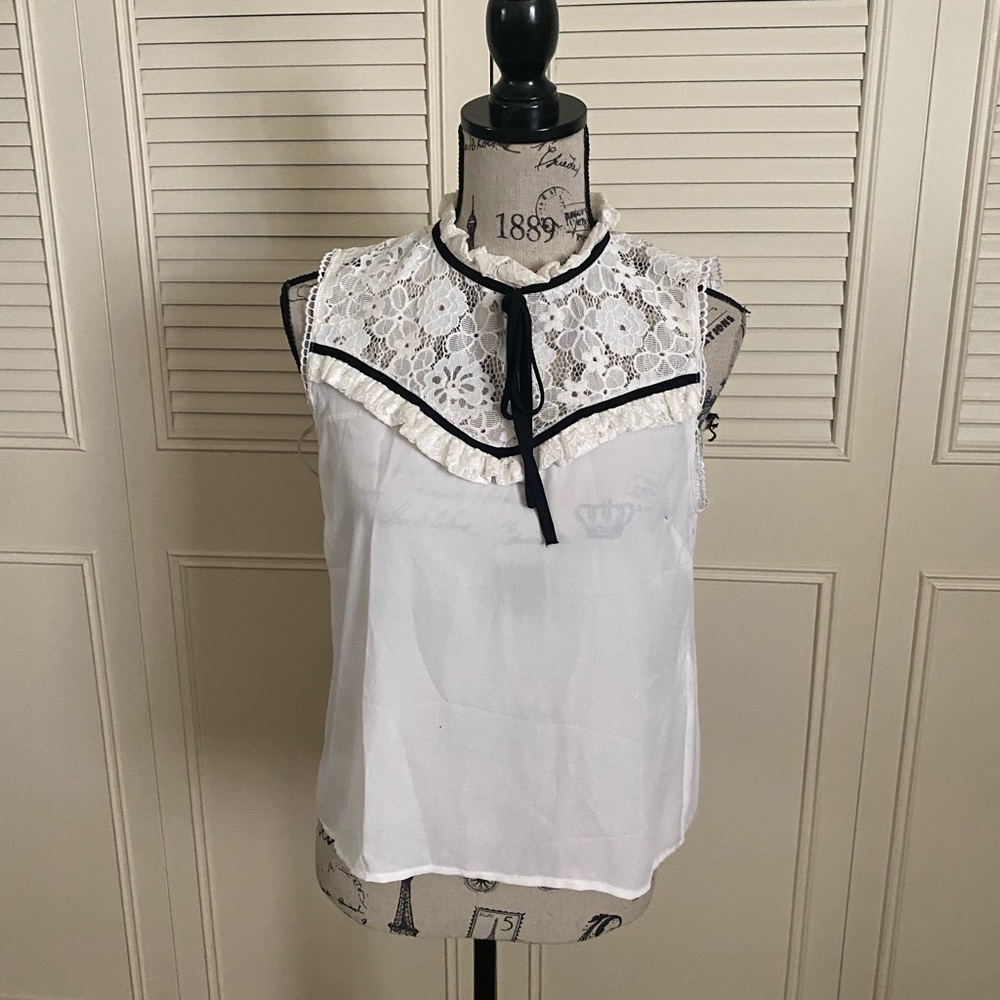 Forever 21 white black lace tie mock high neck tank top